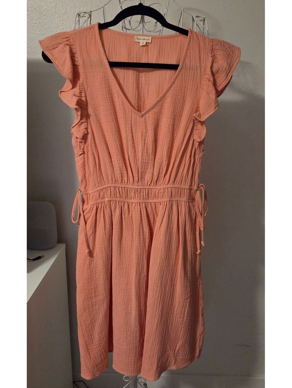 Hem & Thread Peach Cotton Casual Dress with Ruffle Sleeves - Size Small